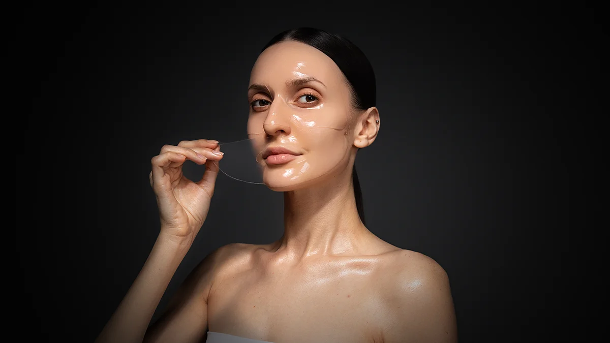 A beautiful, fit woman wit sleek hair trying on FAQ Hydrogel Face Mask for Glass Skin